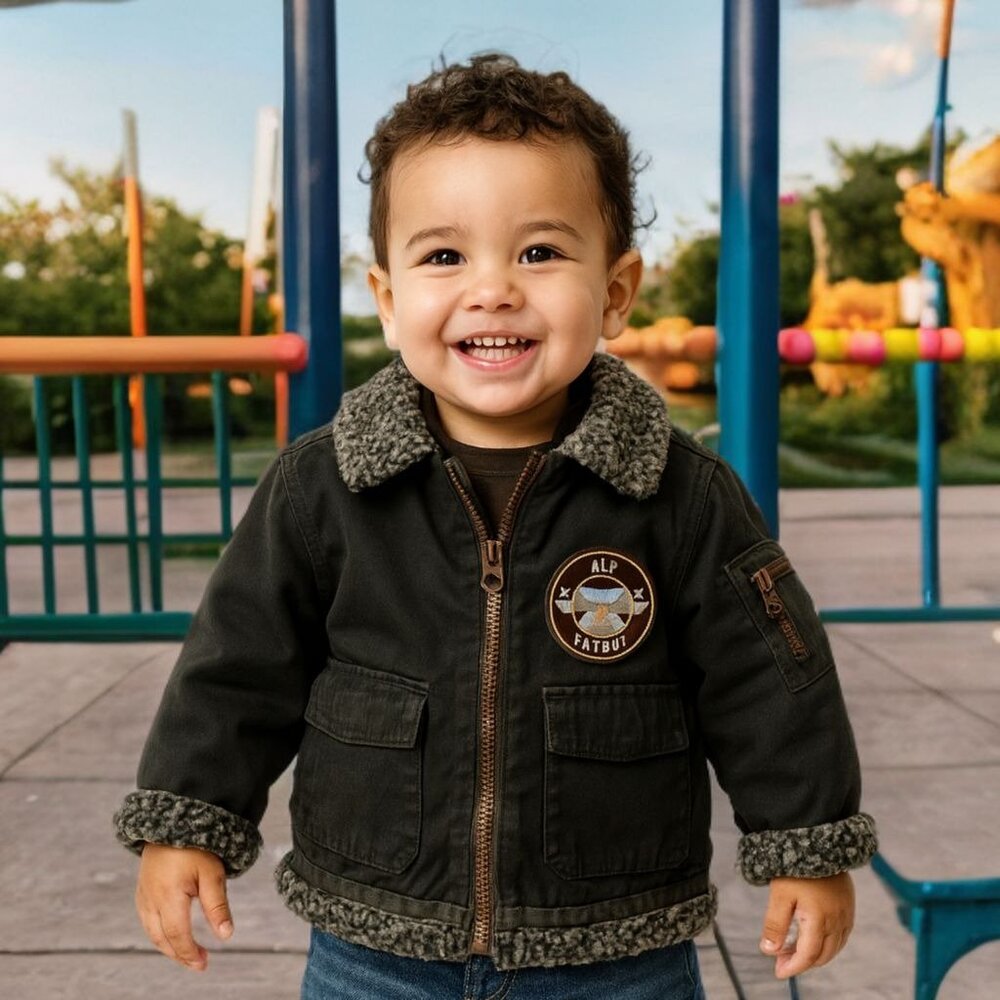 BOYZ by Nannette Kids Full Zip Pilot Jacket Faux Sherpa Collar Patch Sweater 24M